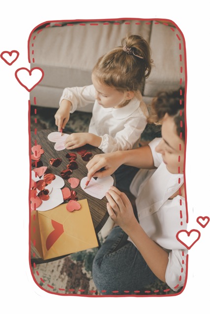 Valentine's Day Mom making crafts with Daughter